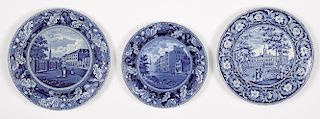 Three Historical blue Staffordshire plates, depicting Park Theater New York, City Hall New York an