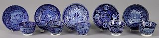 Five Historical blue Staffordshire cups and saucers, to include Lafayette at Franklin's Tomb, Wash