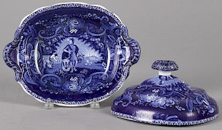 Historical blue Staffordshire Peace and Plenty covered vegetable, 6 1/2'' h., 12 1/4'' w.