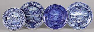 Three Historical blue Staffordshire plates, together with a shallow bowl with Pennsylvania views,