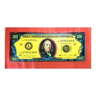 Steve Kaufman (1960-2010) "100 Dollar Old Ben Bill" Hand Signed and Numbered Limited Edition Hand Pulled silkscreen mixed media on Canvas with LOA.