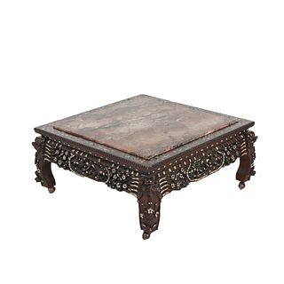 Chinese Carved Rosewood Low Table with Specimen Marble & Mother of Pearl Inlay