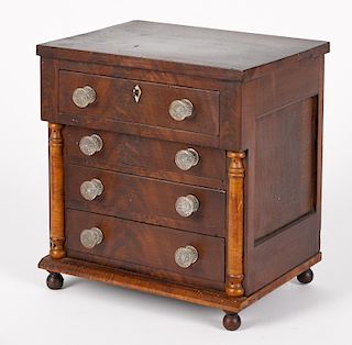 Miniature New England Sheraton chest of drawers, maple, cherry, and mahogany veneer with original