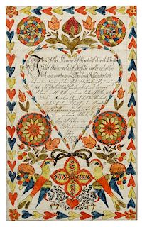 Ink and watercolor fraktur, dated 1828, the central heart with script surrounded by birds and fl