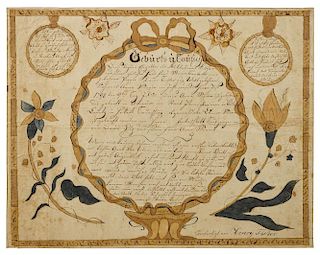 Bucks County, Pennsylvania ink and watercolor fraktur birth certificate, ca. 1800, signed Henry F