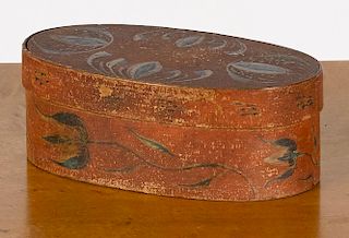 Painted pine and poplar bentwood box, 19th c., retaining its original floral decoration on a salmo