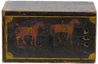 Painted pine slide lid box, 19th c., the lid decorated with two horses, 6 3/4'' h., 14'' w., 8'' d.