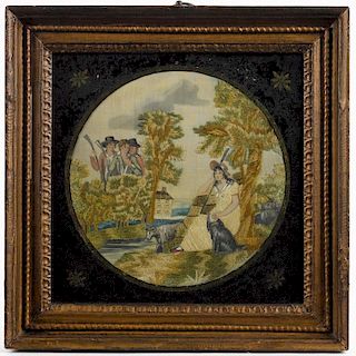 Paint and chenille on silk embroidered picture, early 19th c., of a young woman in a landscape wit