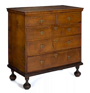 New England William and Mary tiger maple chest of drawers, ca. 1740, 40'' h., 36'' w.