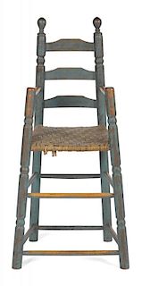 New England painted ladderback highchair, ca. 1800, retaining an old blue surface.