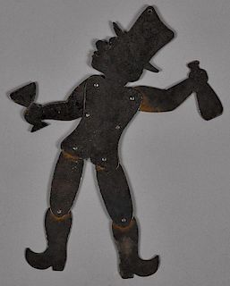 Pair of flat steel articulated trade signs, 19th c., one of a butcher holding a chicken and a clea