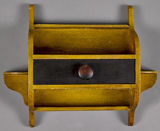 Unusual painted pine hanging shelf, inscribed A Present From Me January 1st, 1873, with a single