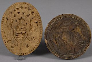 Two carved and turned eagle butterprints, 19th c., the oblong example with a chip carved handle, 4