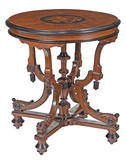 American Renaissance Parcel Ebonized Walnut and Marquetry Center Table
