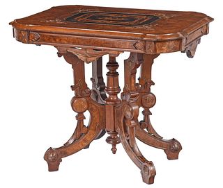 American Renaissance Parcel Gilt and Ebonized Walnut and Marquetry Center Table