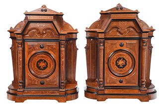 Pair of American Renaissance Parcel Gilt and Ebonized Walnut and Marquetry Parlor Cabinets