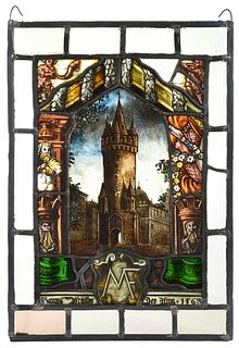 Large German Renaissance Hand Painted Leaded and Stained Glass Panel
