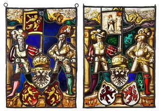 Two Continental Renaissance Hand Painted Leaded Stained Glass Panels