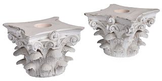 Two Carved and Painted Wood Corinthian Column Style Capitals