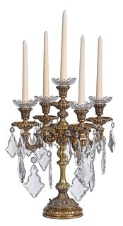 Gilt Bronze and Glass Five-Light Candelabra