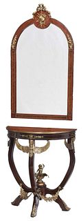 Continental Empire Style Bronze Mounted and Inlaid Exotic Woods Mirror and Console