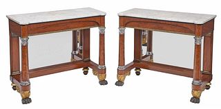 Rare Pair of American Classical Cut Glass Mounted and Gilt Stenciled Burlwood Pier Tables