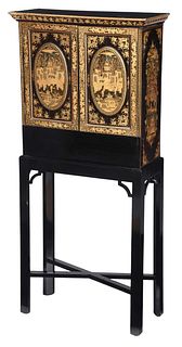 Chinese Export Black Lacquer and Gilt Decorated Chinoiserie Cabinet on Stand