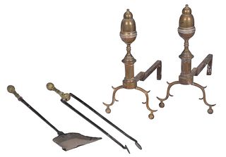 Pair of American Federal Brass Acorn Top Andirons with Tools