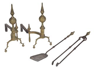 Pair of American Federal Brass and Iron Andirons and Fire Tools