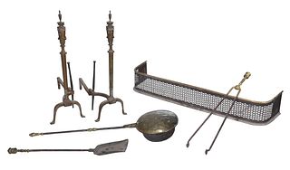 Six Assorted Brass and Iron Fireplace Implements