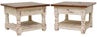 (2) RUSTIC PARQUETRY TOP & PAINTED SIDE TABLES