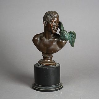 Antique Neoclassical Bronze & Marble Man & Bird Sculpture By E. Encke Fec. C1880