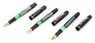 A Collection of Three Vintage Pelikan 100N Fountain Pens Length 4 7/8 inches.