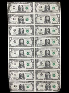 Uncut Currency Sheet of 16 US One Dollar Bills 1995