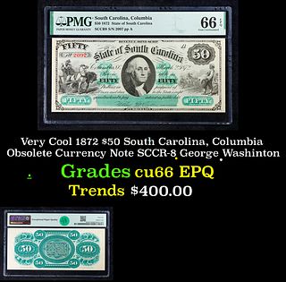 Very Cool 1872 $50 South Carolina, Columbia Obsolete Currency Note SCCR-8 George Washinton Graded cu66 EPQ By PMG
