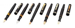 A Group of Five Vintage Montblanc Fountain Pens Length of longest 4 7/8 inches.