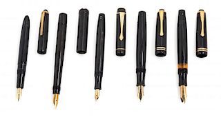 A Collection of Five Vintage Montblanc Fountain Pens Length of longest 5 1/8 inches.