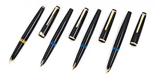 A Collection of Four Montblanc Fountain Pens Length 5 1/8 inches.