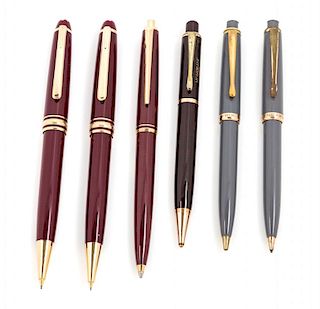 A Collection of Six Montblanc Mechanical Pencils Length of longest 5 1/2 inches.