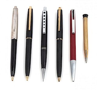 A Collection of Six Montblanc Writing Instruments Length of longest 5 1/4 inches.