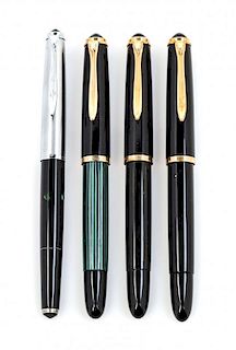 A Collection of Four Pelikan Fountain Pens Length of first 5 1/4 inches.