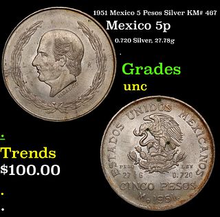 1951 Mexico 5 Pesos Silver KM# 467 Grades Brilliant Uncirculated