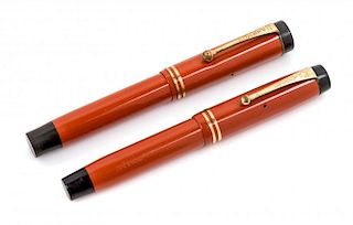 Two Vintage Parker Duofold Junior Fountain Pens Length of each 4 1/2 inches.