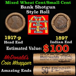 Small Cent Mixed Roll Orig Brandt McDonalds Wrapper, 1917-p Lincoln Wheat end, 1897 Indian other end, 50c