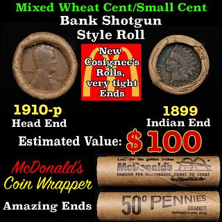 Small Cent Mixed Roll Orig Brandt McDonalds Wrapper, 1910-p Lincoln Wheat end, 1899 Indian other end, 50c