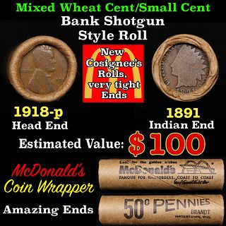 Small Cent Mixed Roll Orig Brandt McDonalds Wrapper, 1918-p Lincoln Wheat end, 1891 Indian other end, 50c