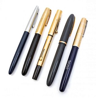 A Collection of Five Waterman Fountain Pens Length of longest 5 1/2 inches.
