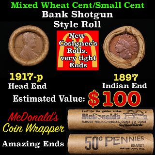 Small Cent Mixed Roll Orig Brandt McDonalds Wrapper, 1917-p Lincoln Wheat end, 1897 Indian other end, 50c