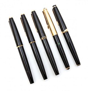 A Collection of Five Montblanc Fountain Pens Length of longest 5 3/8 inches.