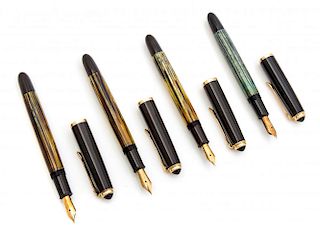 A Set of Four Pelikan '400' Fountain Pens Length 5 1/8 inches.
